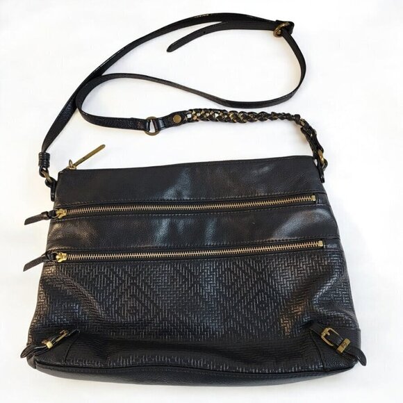 Chic Elliott Lucca Black Leather Crossbody Purse with Gold Zipper Accents - Picture 1 of 12
